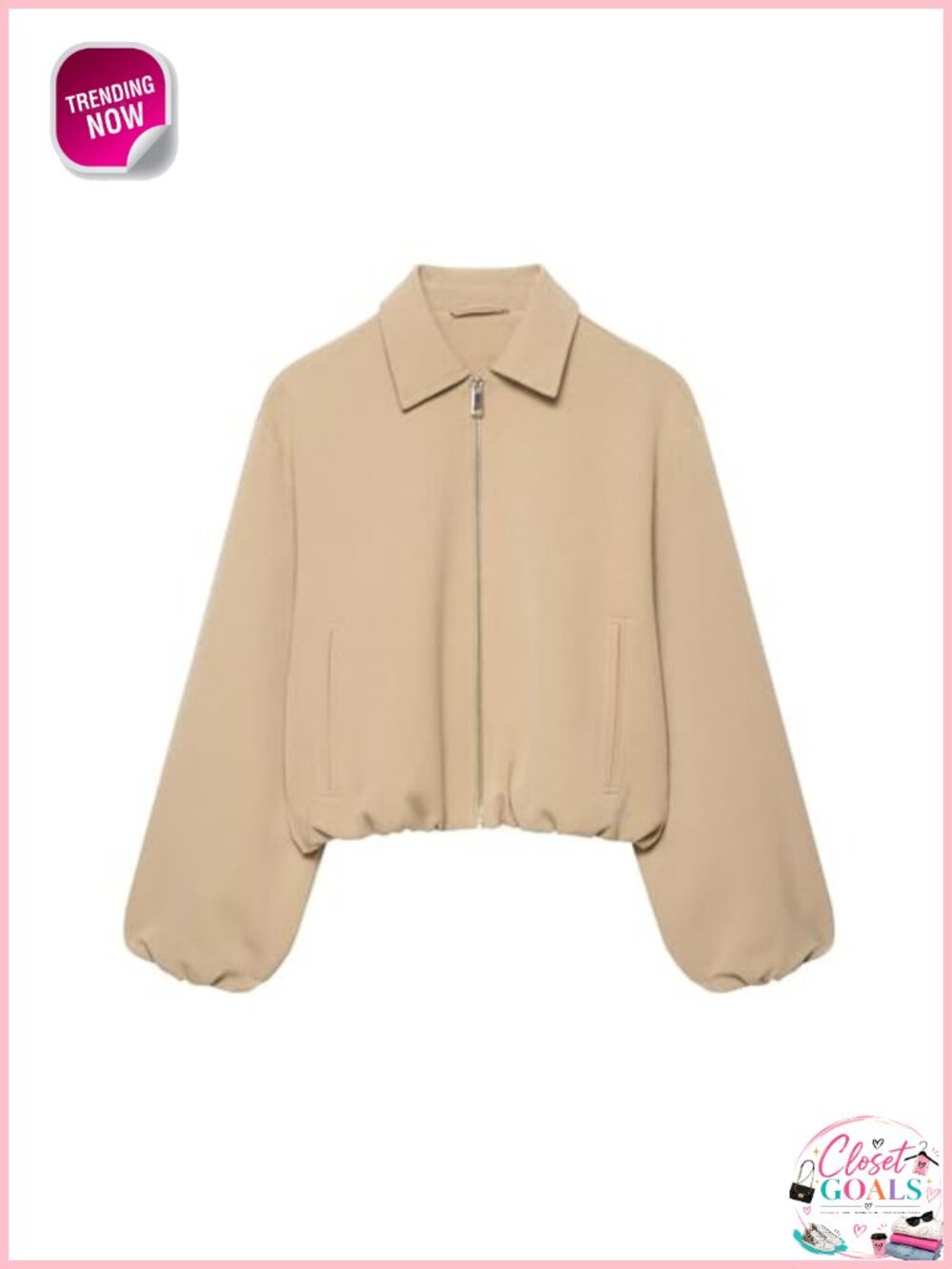Women's Cropped Bomber Jacket Puffed Sleeves Zip Up Streetwear Outerwear